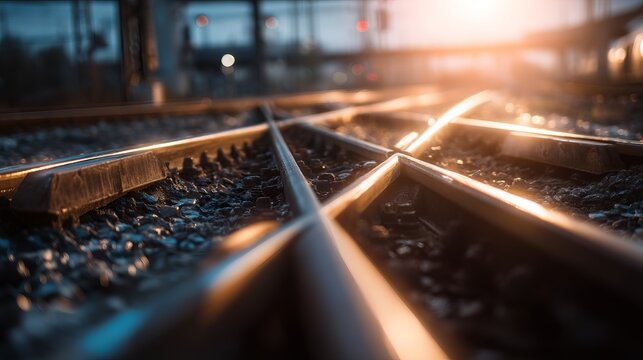 Splitting Railway Tracks in Multiple Directions at Sunset Glow