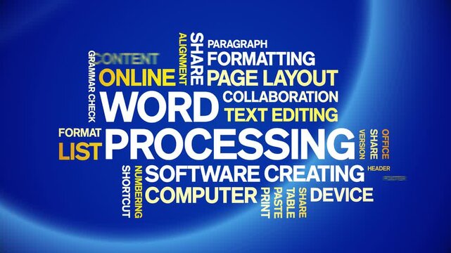 Word Processing animated word cloud-text design animation tag kinetic typography seamless loop.