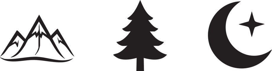 Fototapeta premium Black silhouette icons, mountain, tree, moon and star, minimalist vector graphics set
