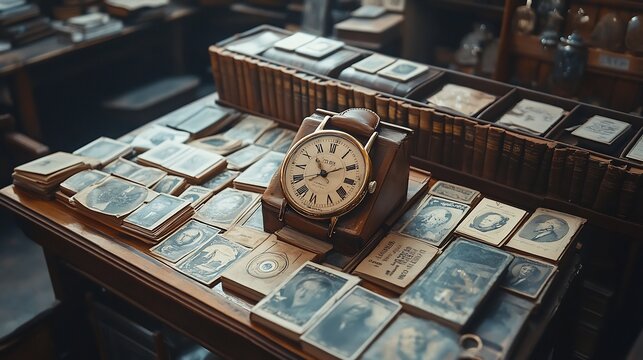 Vintage necklace watch displayed at a flea market stall with old books postcards and antique trinkets scattered on the table under golden afternoon light
