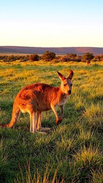 Red Kangaroo Grazing in Australian Outback Meadow at Golden Hour Sunset