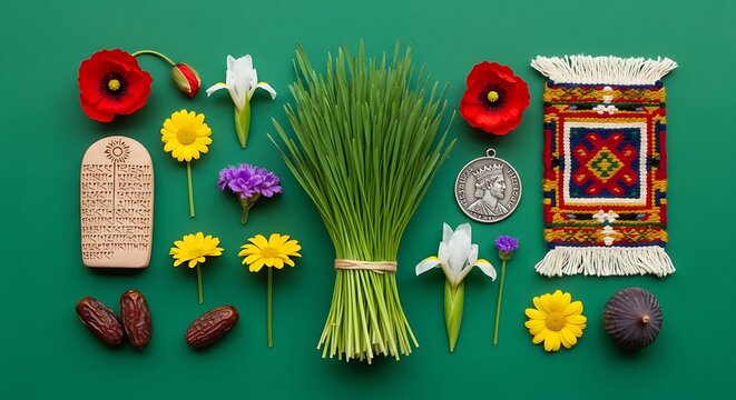 Decorative flat lay of Assyrian New Year symbolic items