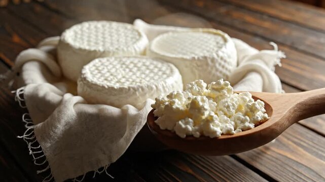Fresh round cheeses in a rustic bowl on wooden table