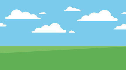 Fototapeta premium Minimalist flat vector landscape design with rolling green hills and fluffy white clouds against bright blue sky background graphic