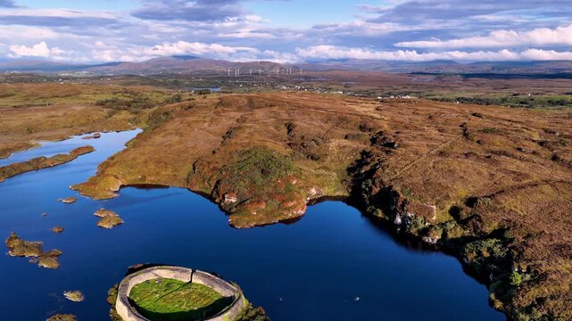 Aerial of the historic Ringfort at Lough Doon, Portnoo, County Donegal, Ireland