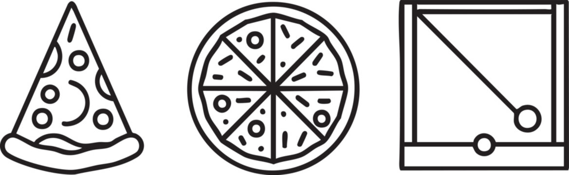 Food icons, pizza slice, pie chart, graph illustration, black and white, line art, vector graphics