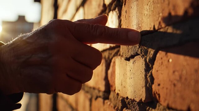 Old hands building a brick wall construction