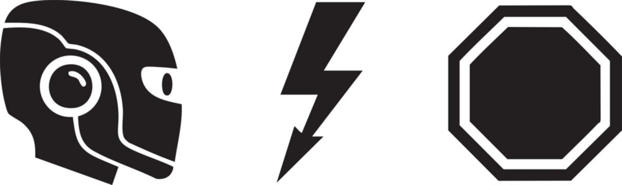 Black icons, vector symbols, stop sign, robot head, lightning bolt, monochrome graphics