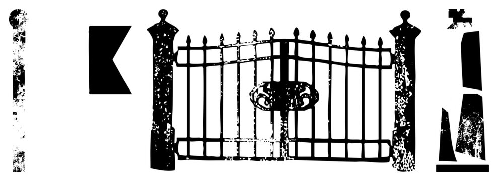Vintage wrought iron gate featuring vertical bars, scroll embellishment, and ornamental posts, classic garden entrance, black silhouette design.