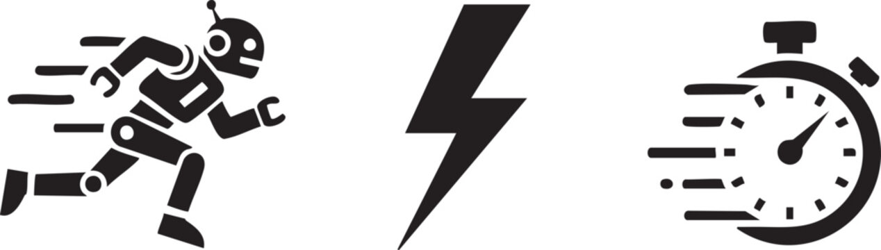 Robot running fast, speed icons, lightning bolt, stopwatch symbols, black vector graphics