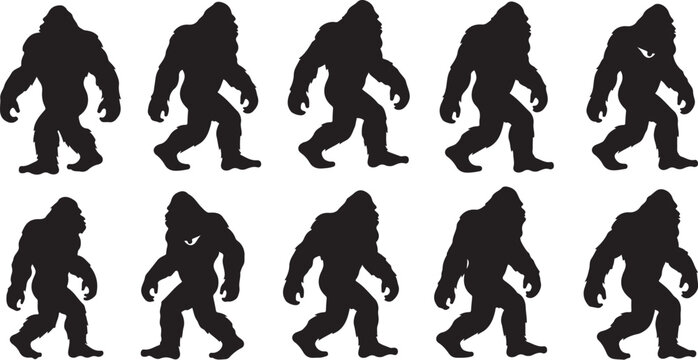 Bigfoot silhouettes in various walking poses and positions sequence