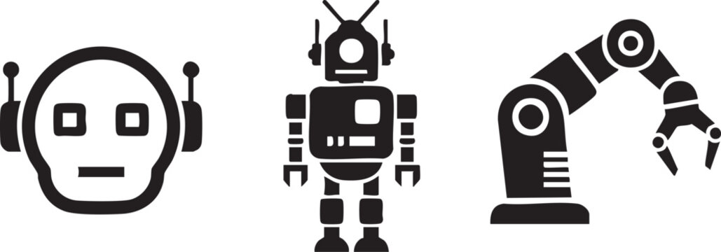 Robot, robotic arm, and android icons, black and white vector graphics
