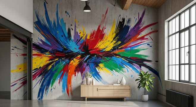Colorful abstract paint splatter mural on concrete wall in modern interior