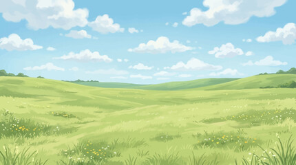 Obraz premium Stylized rolling green hills landscape with scattered wildflowers and path
