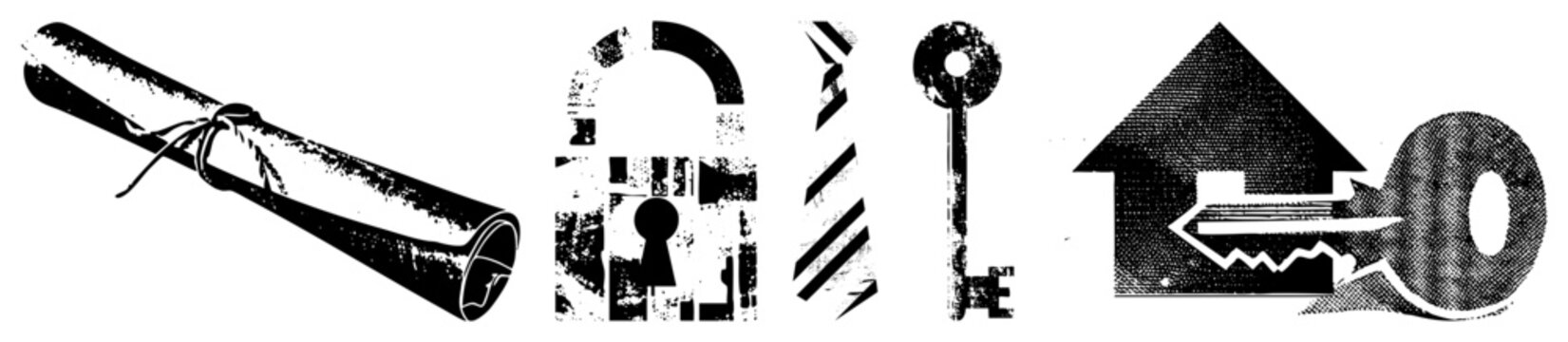 Historical parchment scroll tied with string, open padlock symbolizing access, classic striped necktie, ornate skeleton key, house with keyhole, all in halftone vector style.