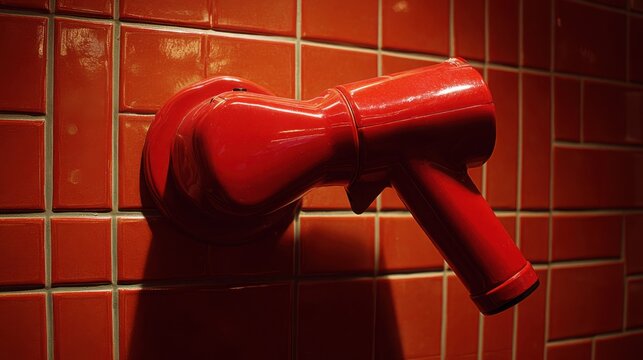 Vibrant Red Automatic Hand Dryer Nozzle Mounted on Tiled Wall Emitting Air Stream