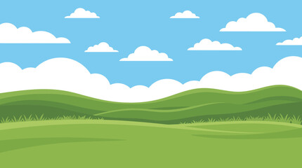 Fototapeta premium Rolling green hills under a bright blue sky with fluffy white clouds