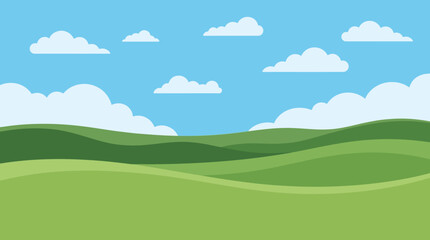 Obraz premium Stylized green rolling hills and white clouds in a simple flat design landscape