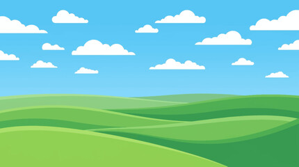 Obraz premium Bright blue sky with many fluffy white clouds over abstract green rolling hills