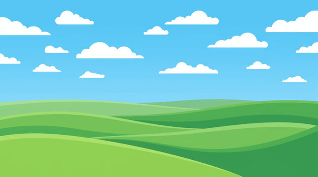 Bright blue sky with many fluffy white clouds over abstract green rolling hills