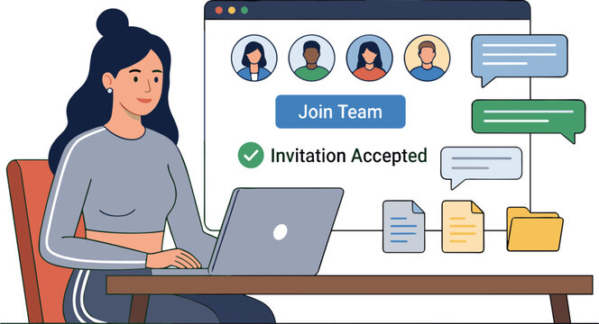 A woman accepts a team invitation on her laptop at a desk.