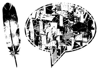 Obraz premium Graphic design featuring feather and fragmented speech bubble, halftone texture, black and white vector art, or comic use, isolated foreground elements.