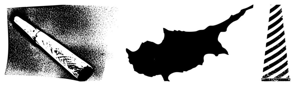 Worn chalk stick with grainy halftone shading, Cyprus island, striped lighthouse vector set for educational or graphic design.