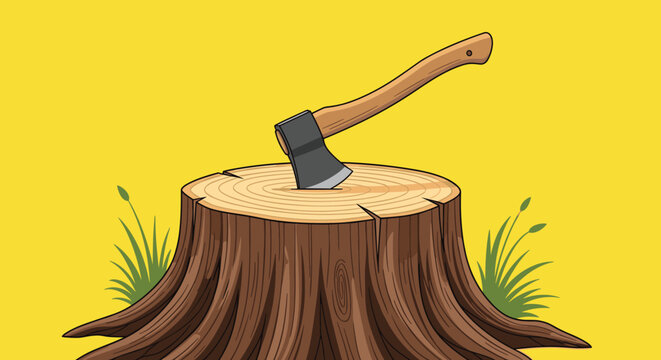 Sharp metal axe stuck in a large wooden tree stump against a bright yellow background, representing forestry or manual wood chopping work.