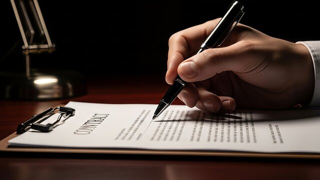 Signing a significant legal agreement on wooden desk under gentle lamp light