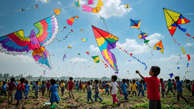 Children flying colorful kites in a cleared field once a minefield under a bright sunny sky celebrating safety and play generative AI