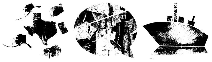 Fototapeta premium Stylized map fragments, broken geographic shapes, vector art with halftone texture, isolated graphic elements, black and white design, modern abstract composition.