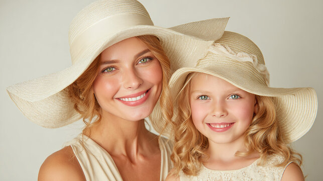 Mothers Day, Valentines Day, love holiday theme. A woman and a young girl wearing matching hats, both with smiles on their faces. The woman wears a creamcolored dress.