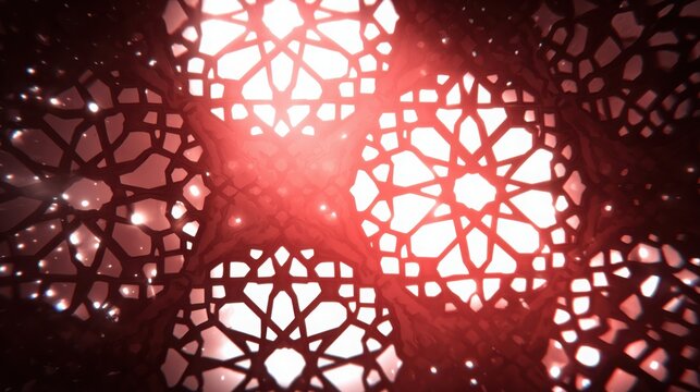 Intricate Geometric Islamic Star Patterns Glowing with Red Light