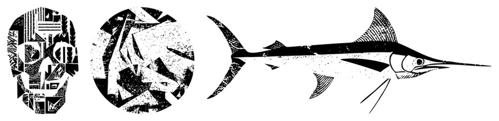 Obraz premium Stylized human head mosaic and marlin fish rendered in bold black and white vector art, abstract shapes, graphic design elements, isolated foreground.