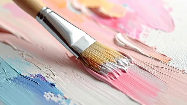 Close-up of a paintbrush applying colorful oil paint strokes on a white canvas, artistic background.