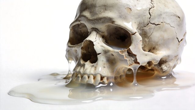 Melting human skull on white background