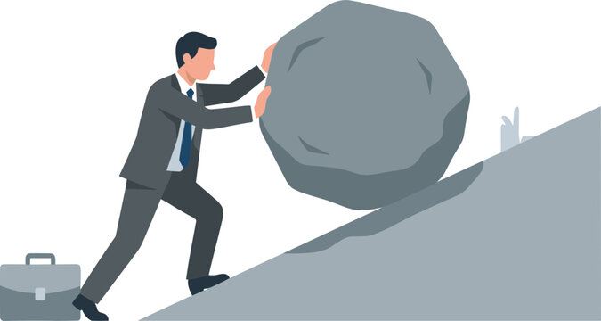 Businessman pushing large boulder uphill with briefcase on ground beside him