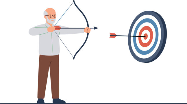 Man aiming bow and arrow at target in outdoor range environment