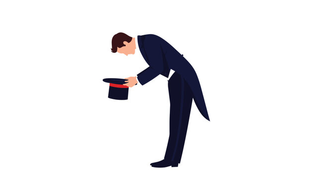 Elegant man dressed in a dark formal tuxedo is performing a respectful bow while holding his top hat in front of him.