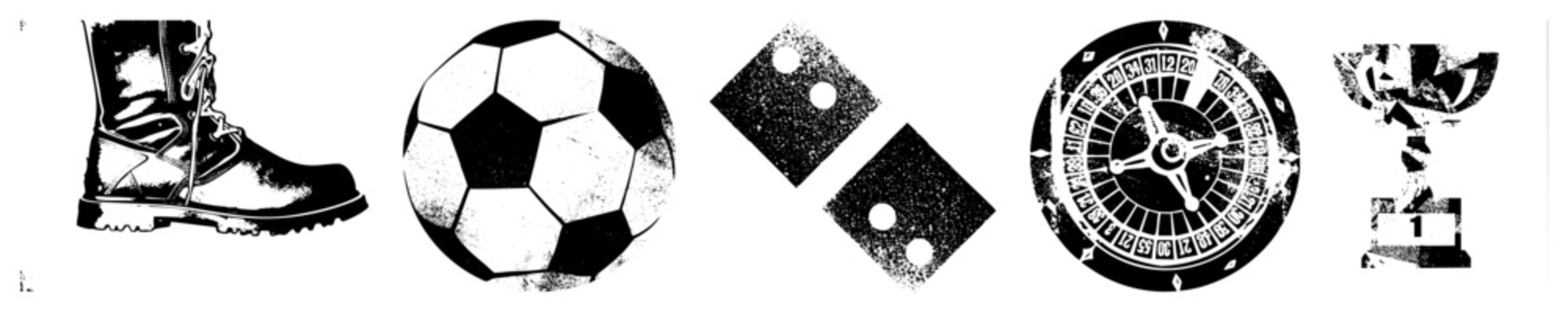 Vector of combat boot, soccer ball, dice, roulette wheel, and first place trophy isolated symbols for gaming, sports, and gambling themes.
