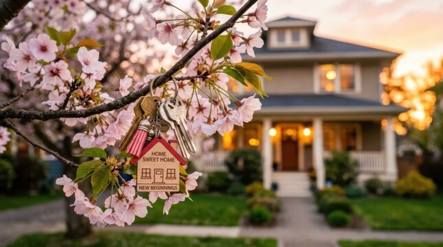 Bunch of New Homeowner House Keys with 'Home Sweet Home' Charm Hanging on a Cherry Blossom Branch with a Blurred House in the Background