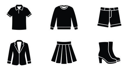 Minimalist clothing icon set, black silhouette apparel vector elements, 6 fashion garment symbols for retail and e-commerce apps