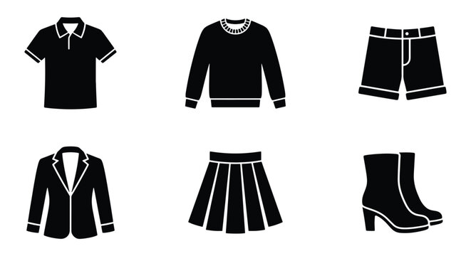 Minimalist clothing icon set, black silhouette apparel vector elements, 6 fashion garment symbols for retail and e-commerce apps