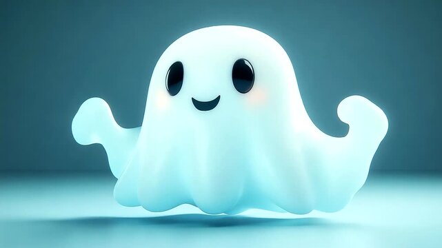 Playful cartoon ghost character floating against a soft blue background