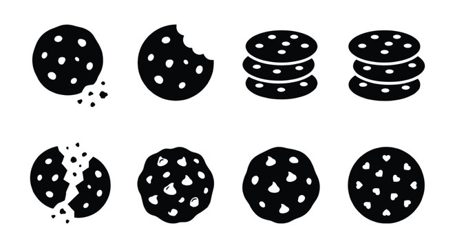 Chocolate chip cookie icon set, black silhouette biscuit vector collection, 8 sweet snack elements with crumbs and bite marks for bakery branding