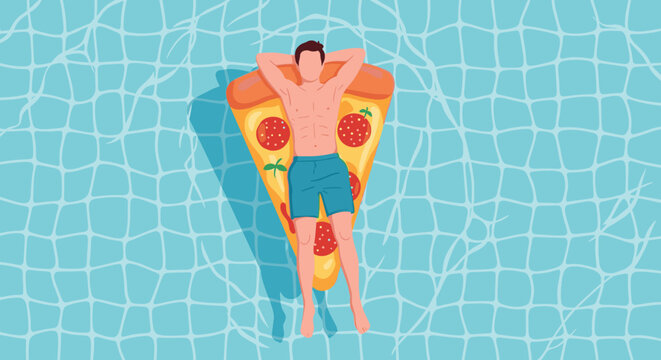 Young man relaxes on a large pizza slice pool float while drifting in clear blue water on a bright summer day, enjoying the warm weather.