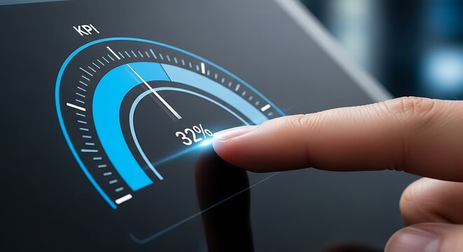 Finger touching advanced progress gauge at 32 percent digital analytics and system monitoring