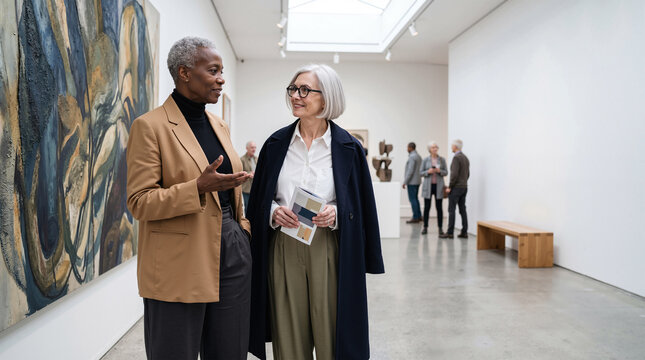 Senior women discussing paintings at a modern art gallery exhibition.