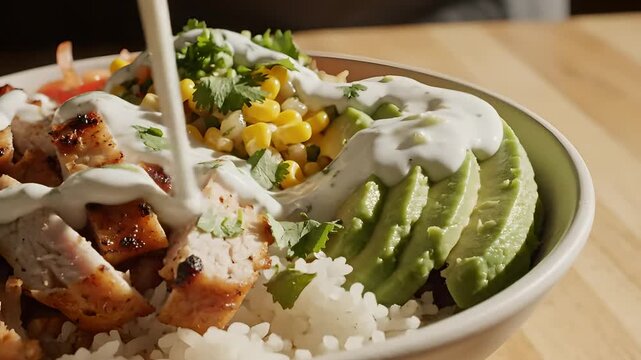 Pollo a la parrilla, arroz y aguacate en bowl saludable con aderezo cremoso cayendo lentamente. Perfecto para promociones de Cinco de Mayo y contenido gastron&oacute;mico gourmet.