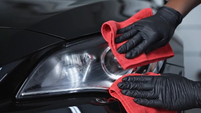 Hands in black gloves cleaning a car with red cloths against a dark background